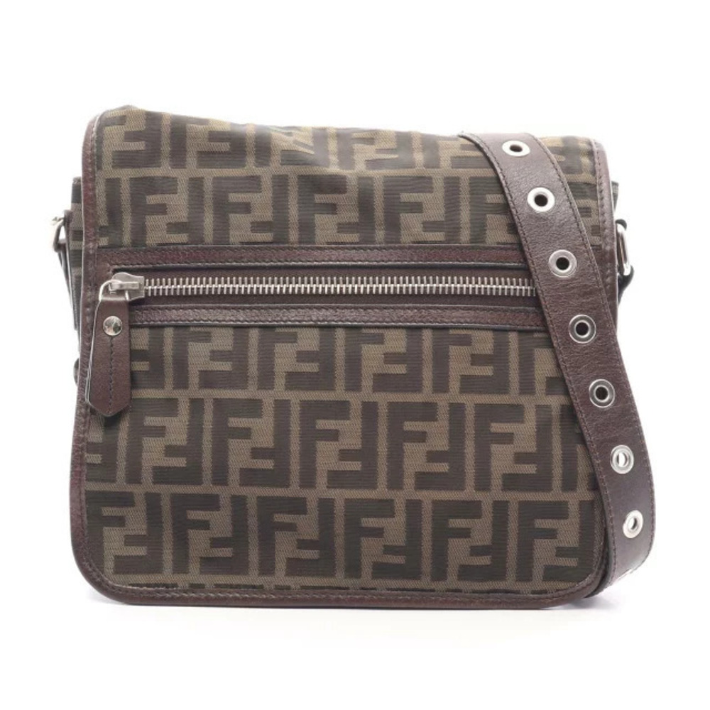 Fendi Zucca Shoulder Bag Canvas Leather Black Khaki Green